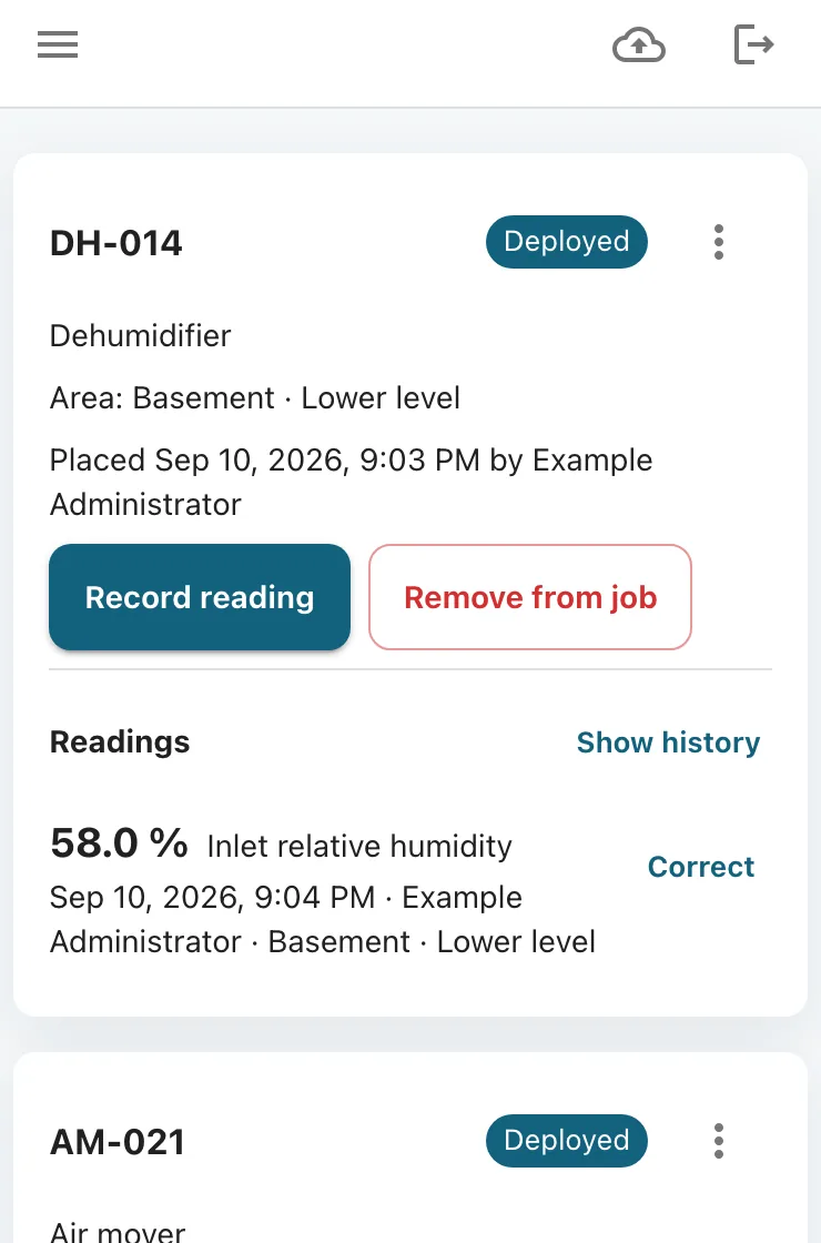 The same job file on a phone, showing a deployed dehumidifier and its latest reading